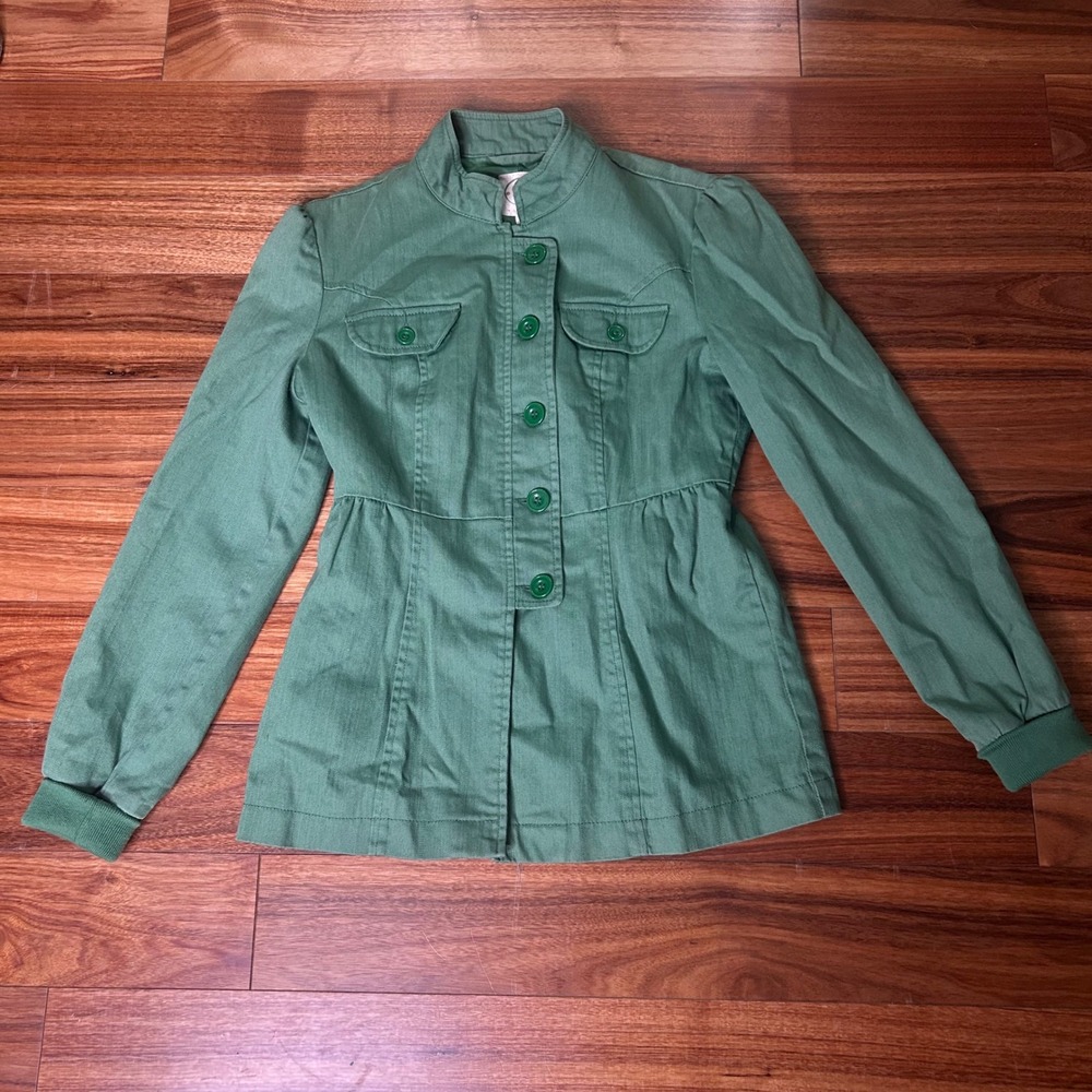 Anthropology Tulle Green Jacket‎ Military Style Fitted Waist Button Front XS